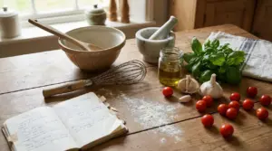 Ingredienti freschi e utensili da cucina su un tavolo rustico, accanto a un ricettario scritto a mano