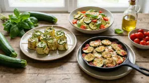 Tre piatti con ricette a base di zucchine su un tavolo rustico