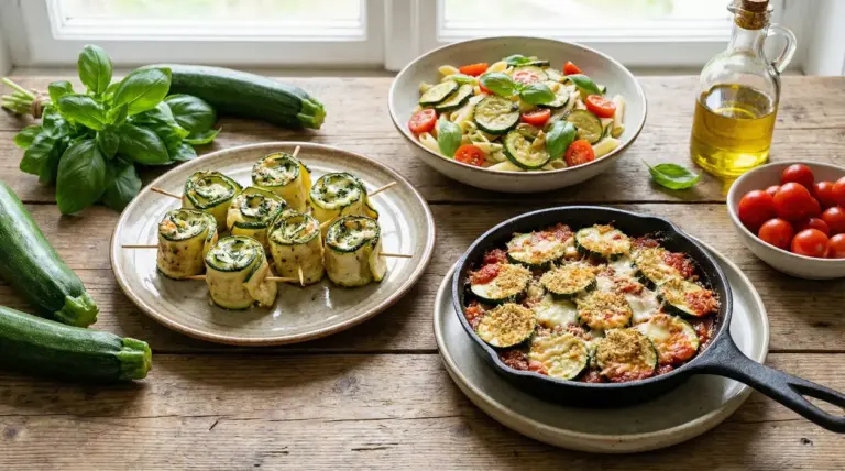 Tre piatti con ricette a base di zucchine su un tavolo rustico