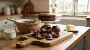 Uova di Pasqua rotte su un tagliere in cucina con ingredienti per dolci