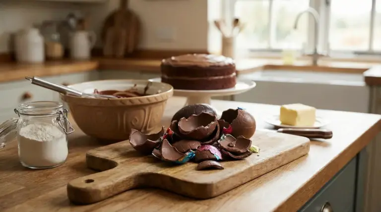 Uova di Pasqua rotte su un tagliere in cucina con ingredienti per dolci
