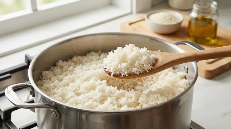 Pentola di riso bianco cotto con un cucchiaio di legno che lo solleva