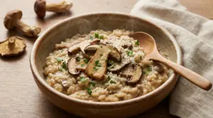 Risotto ai funghi porcini servito in una ciotola di ceramica con cucchiaio di legno