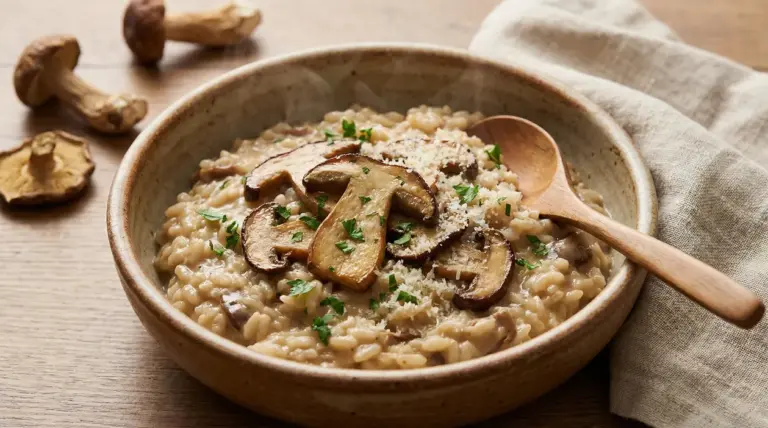 Risotto ai funghi porcini servito in una ciotola di ceramica con cucchiaio di legno
