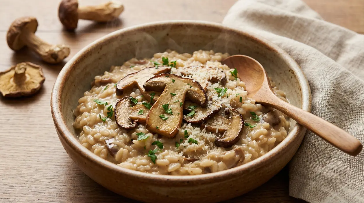 Risotto ai funghi porcini servito in una ciotola di ceramica con cucchiaio di legno