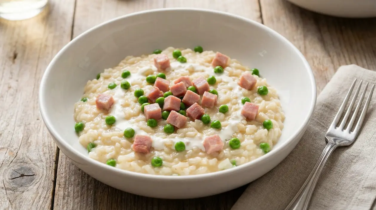 Risotto cremoso con piselli e cubetti di prosciutto servito in un piatto bianco
