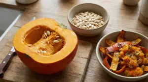 Metà zucca con semi, una ciotola di semi e una ciotola con bucce e polpa cotte su un tagliere di legno