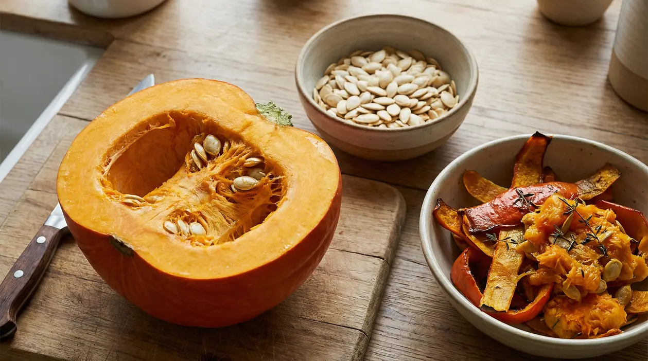 Metà zucca con semi, una ciotola di semi e una ciotola con bucce e polpa cotte su un tagliere di legno