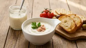 Ciotola di salsa cremosa con tonno e prezzemolo su tavolo di legno, accanto a crostini e pomodorini