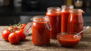 Vasetti e bottiglie di salsa di pomodoro su un tavolo accanto a pomodori freschi