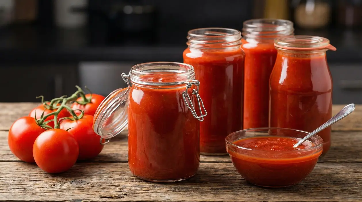 Vasetti e bottiglie di salsa di pomodoro su un tavolo accanto a pomodori freschi