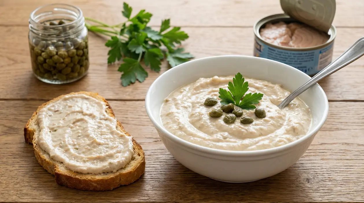 Ciotola di salsa di tonno cremosa con capperi e prezzemolo, accompagnata da pane e ingredienti freschi