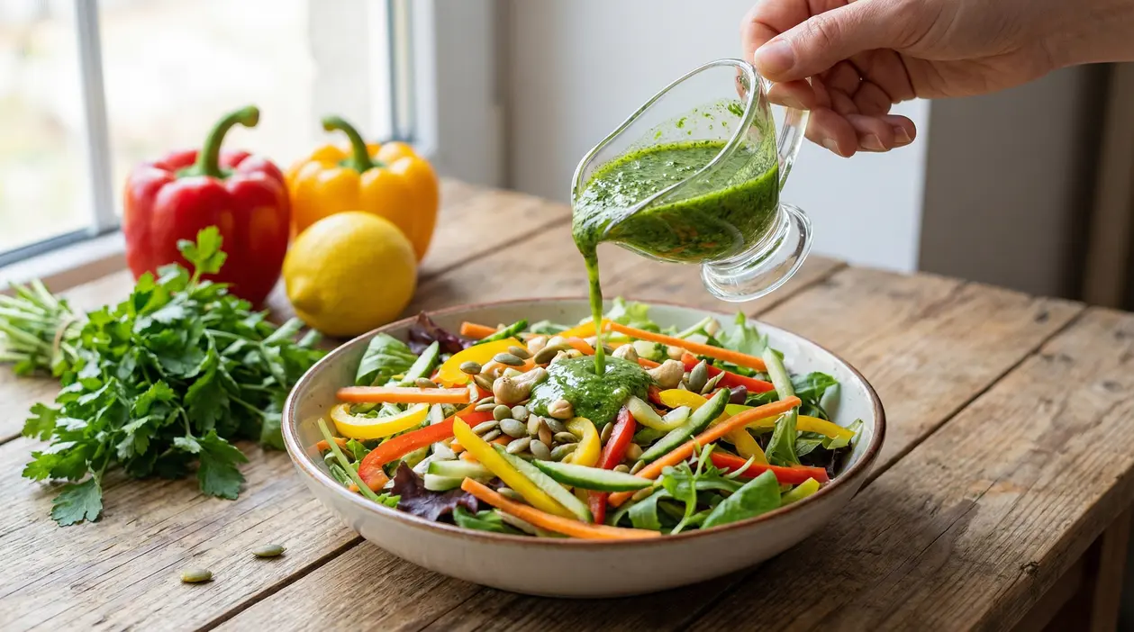 Una mano versa una salsa verde su un'insalata fresca con verdure colorate e semi