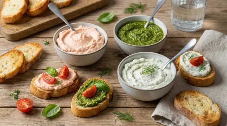 Tre ciotole con salse colorate servite con crostini su un tavolo rustico