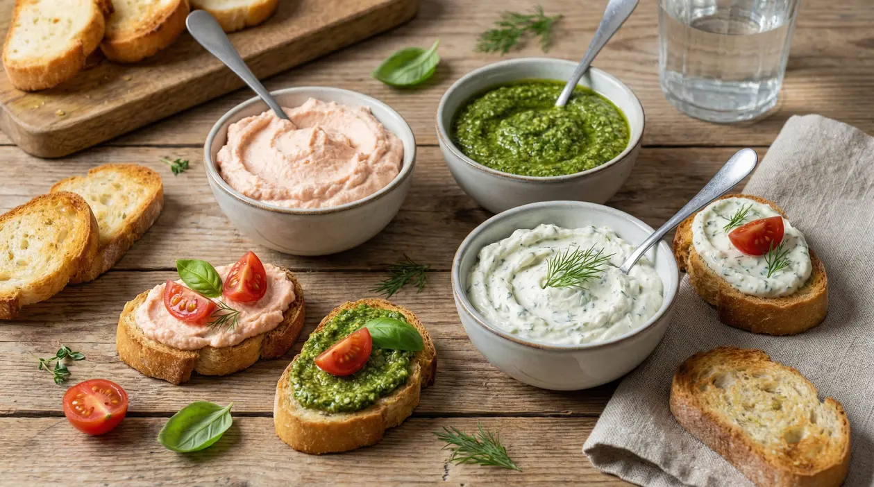 Tre ciotole con salse colorate servite con crostini su un tavolo rustico