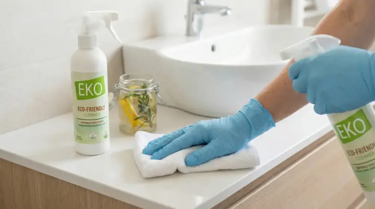 Mano con guanto blu pulisce il bagno con spray detergente naturale vicino al lavandino