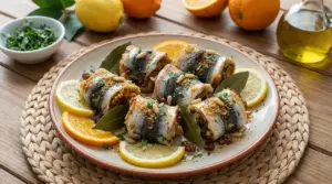 Piatto di sarde a beccafico alla siciliana con agrumi, pinoli e alloro