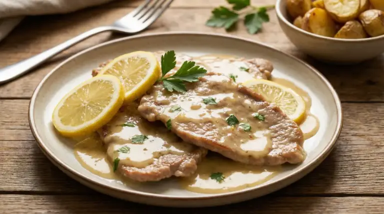 Scaloppine al limone servite con salsa cremosa e fette di limone su un piatto di ceramica