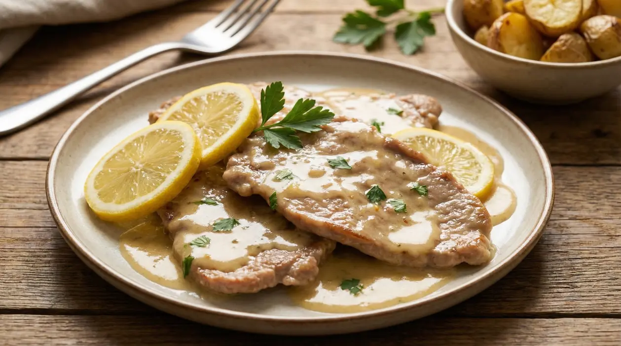 Scaloppine al limone servite con salsa cremosa e fette di limone su un piatto di ceramica