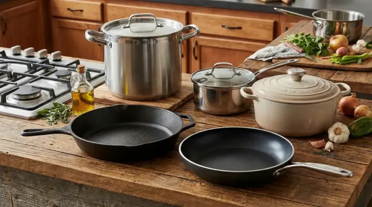 Varie pentole disposte su un piano cucina in legno accanto a fornelli e ingredienti freschi