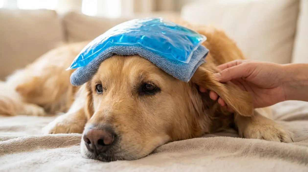 Cane sdraiato con impacco freddo sulla testa, toccato da una mano umana