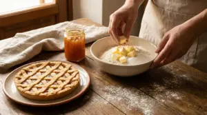 Preparazione della frolla con burro e farina accanto a una crostata di marmellata su un tavolo rustico