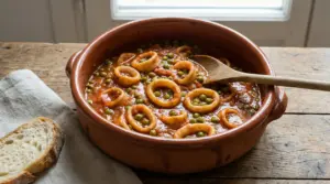 Seppie con piselli in umido servite in una casseruola di terracotta