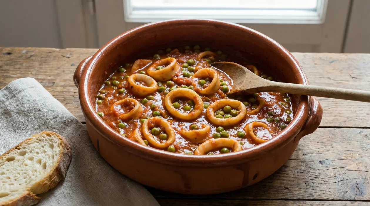 Seppie con piselli in umido servite in una casseruola di terracotta