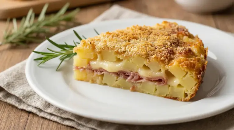 Fetta di sformato di patate con prosciutto e scamorza servita su un piatto bianco