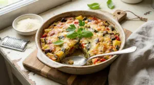 Sformato di verdure al forno con parmigiano in una teglia rustica su un tagliere di legno