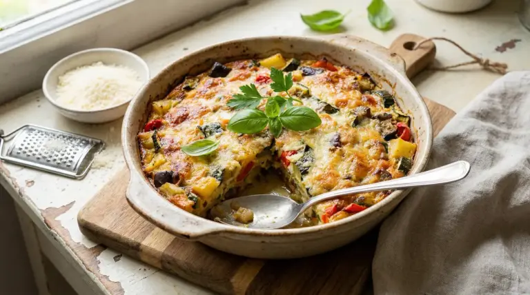 Sformato di verdure al forno con parmigiano in una teglia rustica su un tagliere di legno