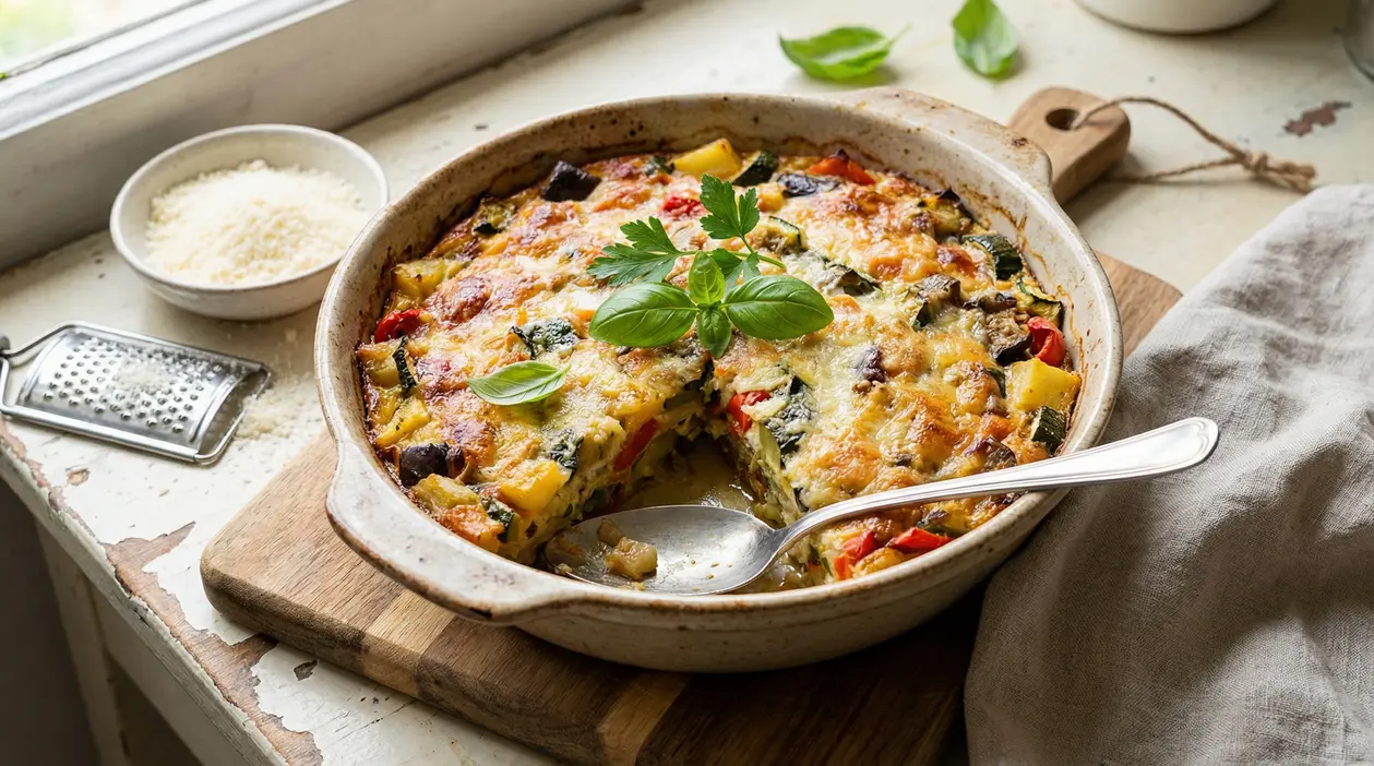 Sformato di verdure al forno con parmigiano in una teglia rustica su un tagliere di legno