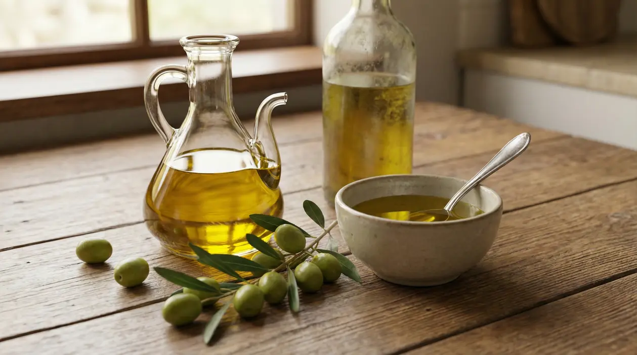 Bottiglia e ciotola di olio d'oliva su un tavolo con alcune olive verdi