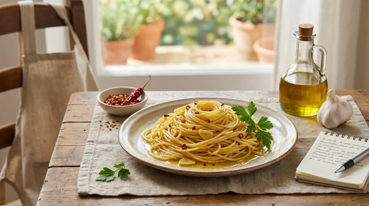 Piatto di spaghetti aglio, olio e peperoncino con aglio, prezzemolo e peperoncino su un tavolo rustico.