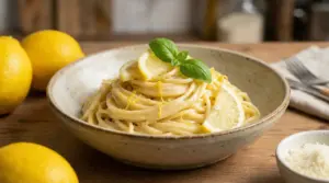 Piatto di spaghetti al limone serviti con scorza di limone e foglie di basilico.