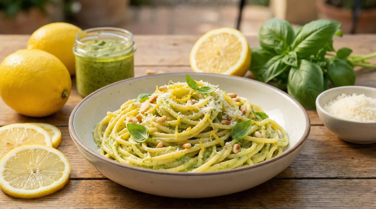 Piatto di spaghetti al pesto di limoni con basilico, pinoli e scorza di limone grattugiata