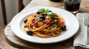 Piatto di spaghetti alla puttanesca con olive, capperi e basilico