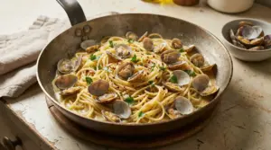 Spaghetti alle vongole cremosi serviti in padella con prezzemolo e peperoncino