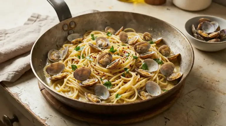 Spaghetti alle vongole cremosi serviti in padella con prezzemolo e peperoncino