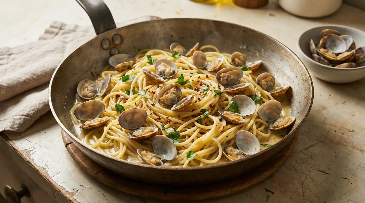 Spaghetti alle vongole cremosi serviti in padella con prezzemolo e peperoncino