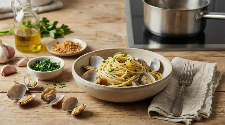 Piatto di spaghetti alle vongole con prezzemolo, aglio e olio su tavolo rustico
