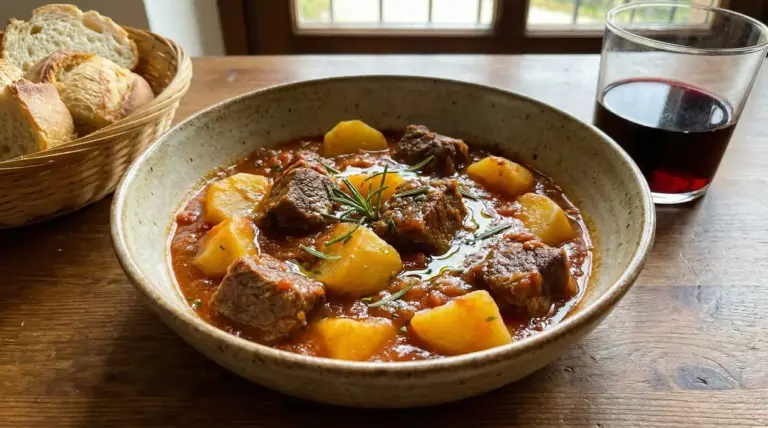 Spezzatino di manzo con patate servito in una ciotola, accompagnato da pane e un bicchiere di vino rosso