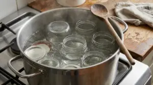 Vasetti di vetro immersi in acqua bollente dentro una pentola su un fornello