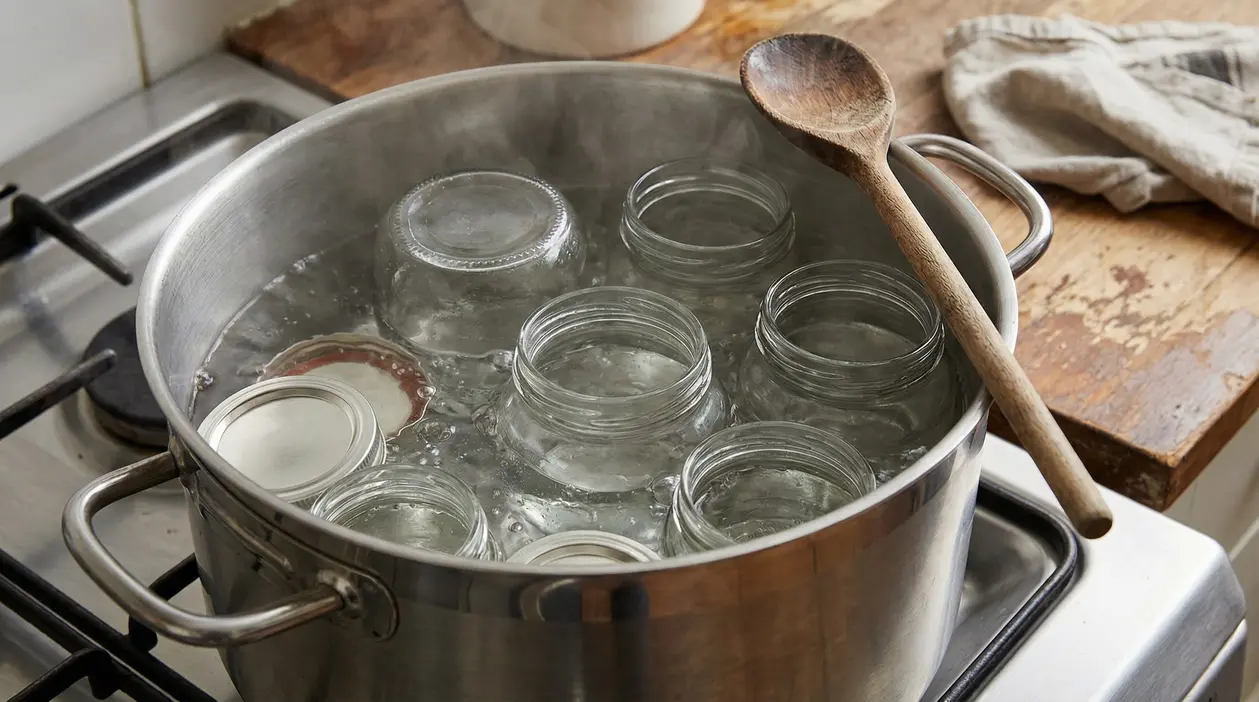 Vasetti di vetro immersi in acqua bollente dentro una pentola su un fornello
