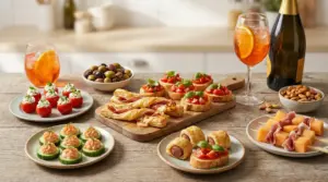 Vari assortimenti di stuzzichini per aperitivo serviti su un tavolo in legno con cocktail e spumante