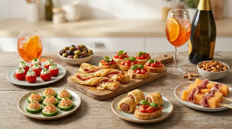Vari assortimenti di stuzzichini per aperitivo serviti su un tavolo in legno con cocktail e spumante