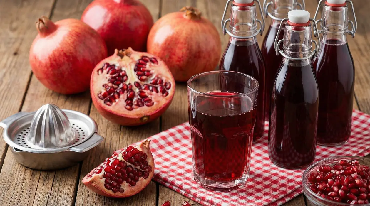 Bicchiere e bottiglie di succo di melograno su tovaglietta rossa con frutti e spremiagrumi