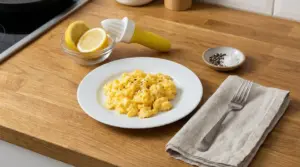 Uova strapazzate servite su un piatto bianco con limone tagliato e spremiagrumi sullo sfondo