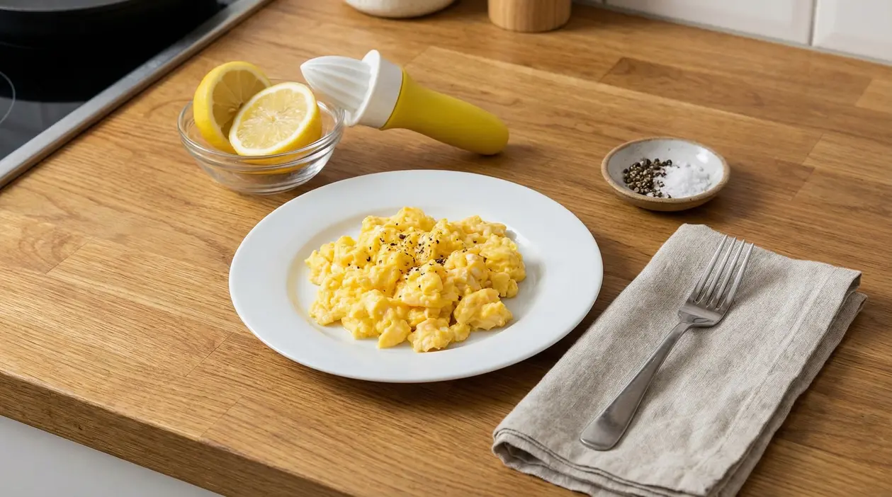 Uova strapazzate servite su un piatto bianco con limone tagliato e spremiagrumi sullo sfondo