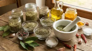 Varie spezie e erbe aromatiche in barattoli di vetro e ciotole su un tavolo di legno rustico